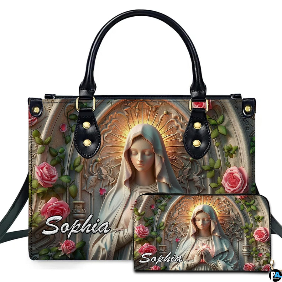Gothic cathedral arch Virgin Mary artwork shown on coordinated handbag and wallet set
