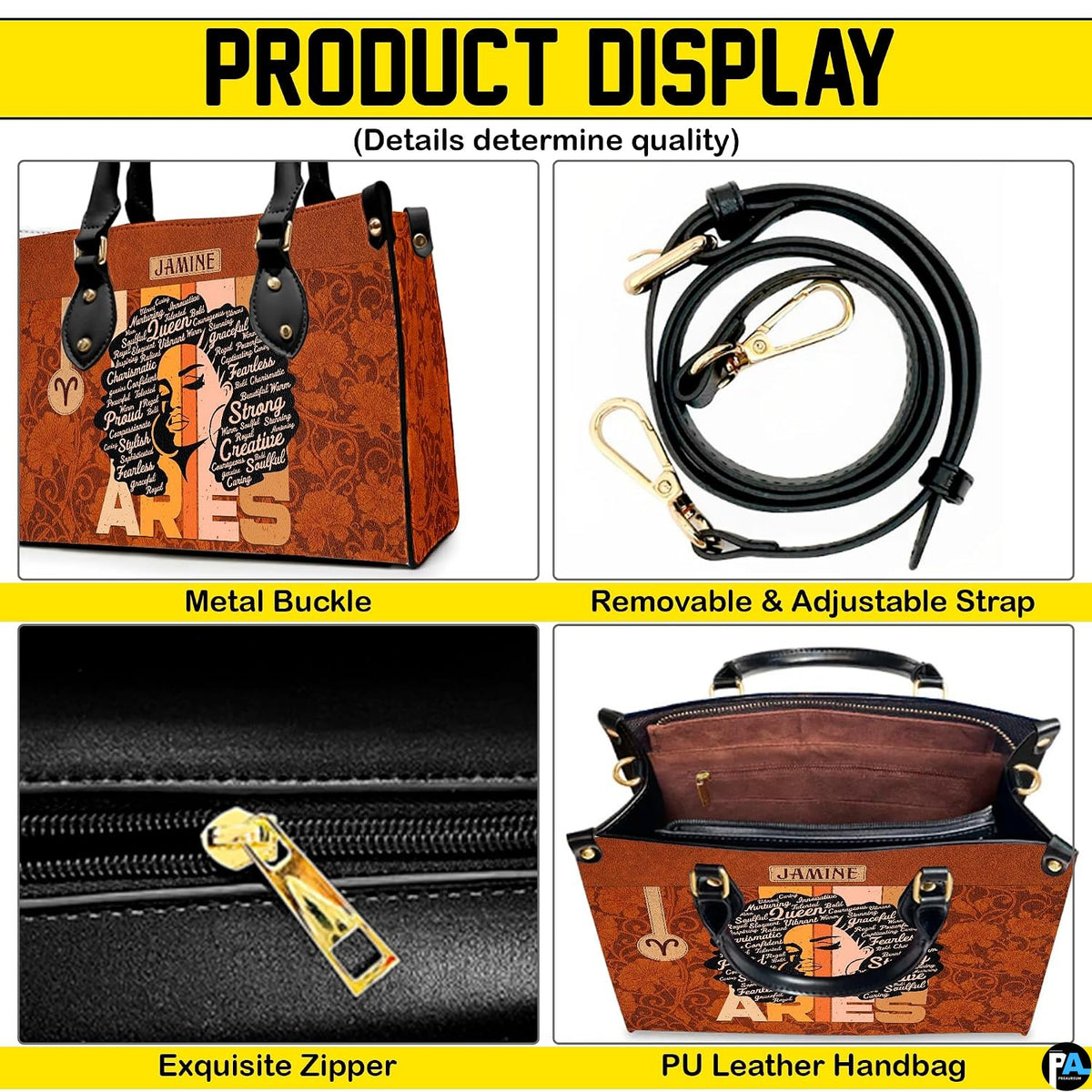 Matching zip wallet displaying coordinated afro woman portrait and astrological ram glyph.