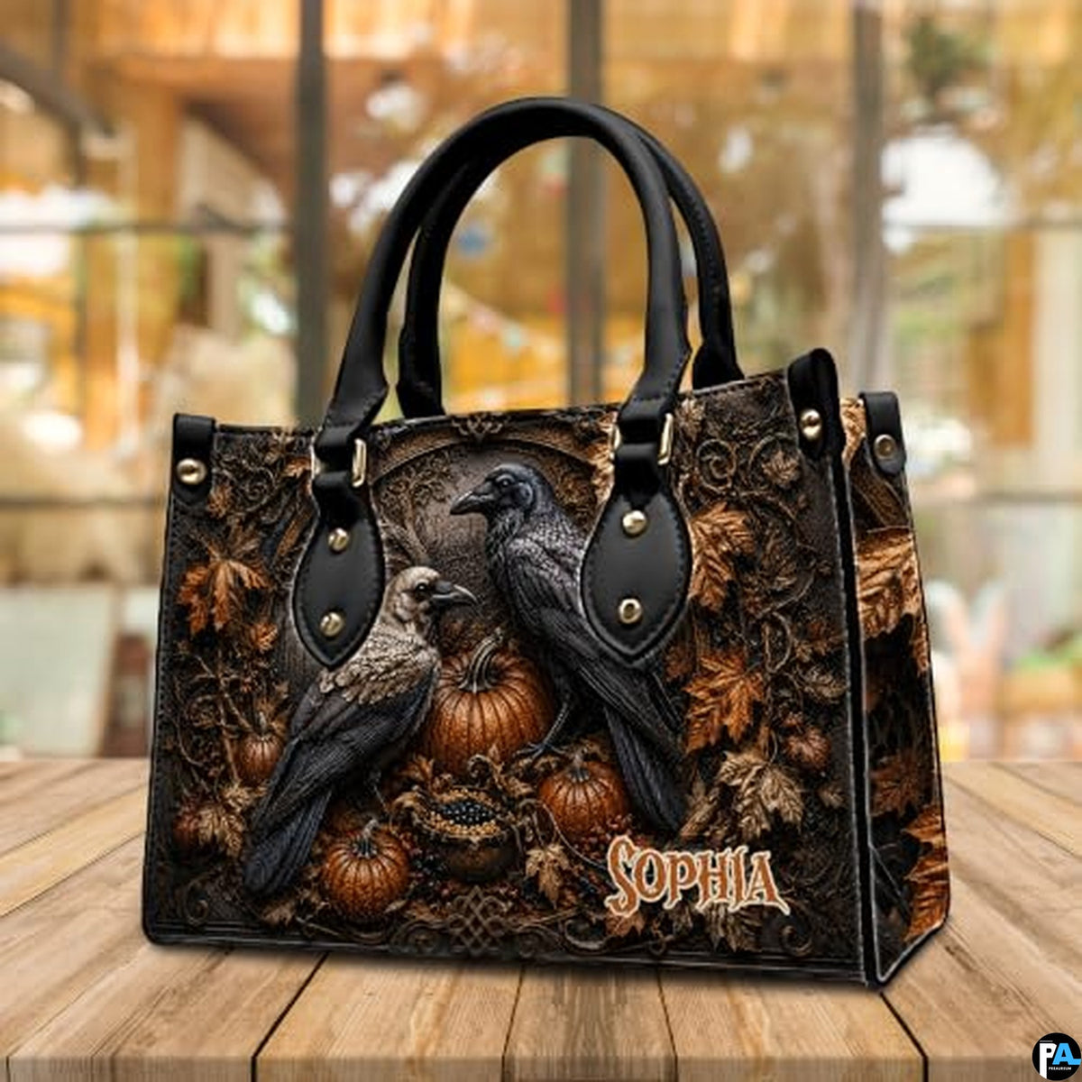 Personalized Halloween Gothic Leather Handbag Custom Raven Black Cat Purse Dark Fantasy Shoulder Bag Gift for Women