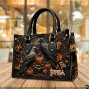 Personalized Halloween Gothic Leather Handbag Custom Raven Black Cat Purse Dark Fantasy Shoulder Bag Gift for Women