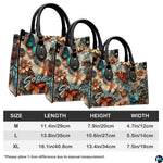 Side perspective view of butterfly daisy relief handbag and wallet pair