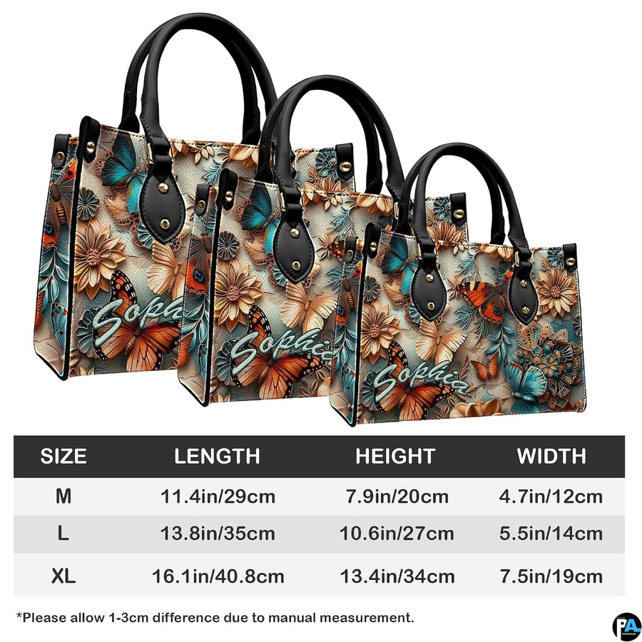 Side perspective view of butterfly daisy relief handbag and wallet pair