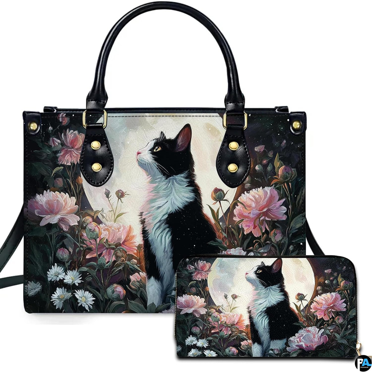 Black Cat Leather Bag – Vintage Cat Art Handbag, Stylish Animal-Themed Purse, Unique Gift for Cat Lovers
