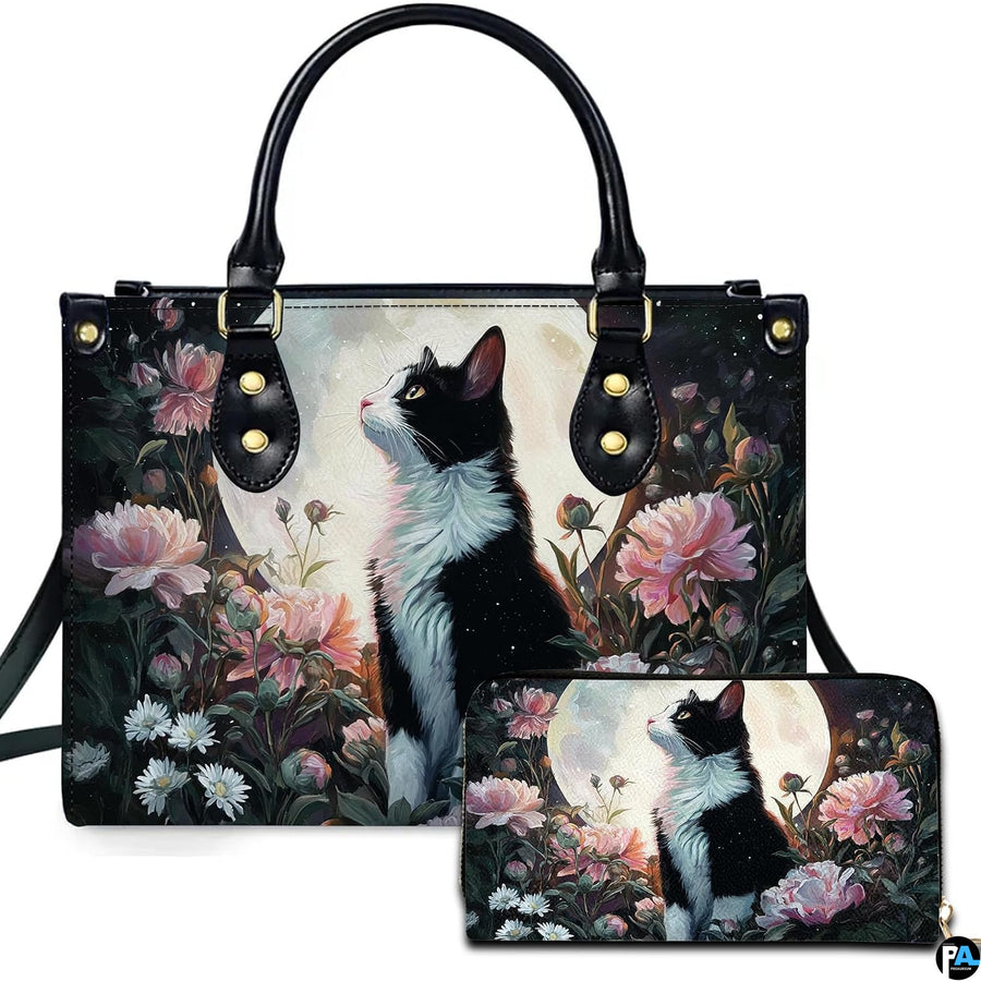 Black Cat Leather Bag – Vintage Cat Art Handbag, Stylish Animal-Themed Purse, Unique Gift for Cat Lovers