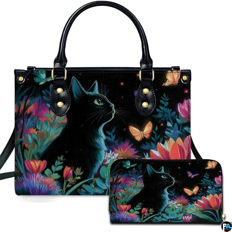 Studio presentation of black cat flowers art alongside matching companion accessory.