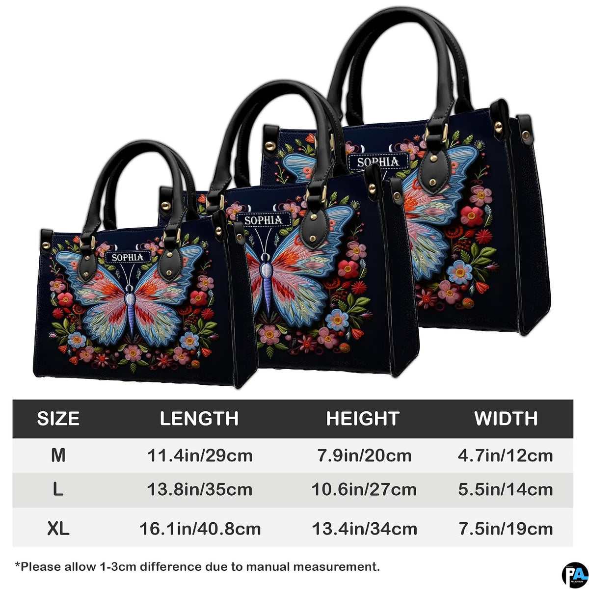 Size comparison chart detailing dimensions for medium, large, and extra-large handbags.