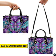 Demonstration infographic illustrating dual holding configurations for the purple and teal butterfly artwork.