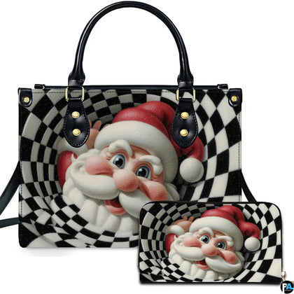 Optical illusion checkerboard vortex holiday handbag and matching wallet with cartoon Santa waving from center