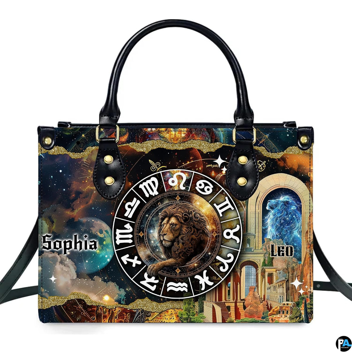 Front studio display of Celestial Lion Satchel Handbag showing golden lion medallion and star portal.