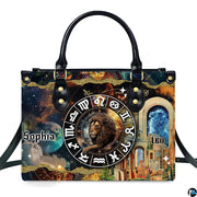 Front studio display of Celestial Lion Satchel Handbag showing golden lion medallion and star portal.