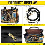 Four-panel collage demonstrating corner fixtures, shoulder strap, top slider, and interior cavity.
