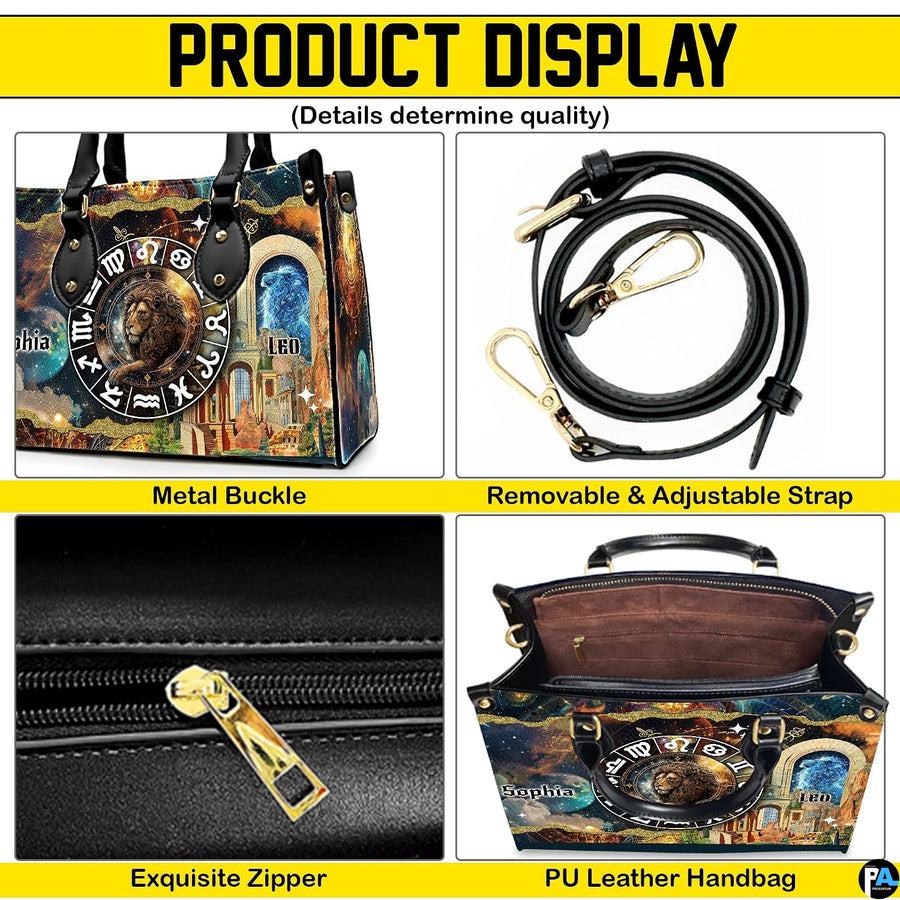 Four-panel collage demonstrating corner fixtures, shoulder strap, top slider, and interior cavity.