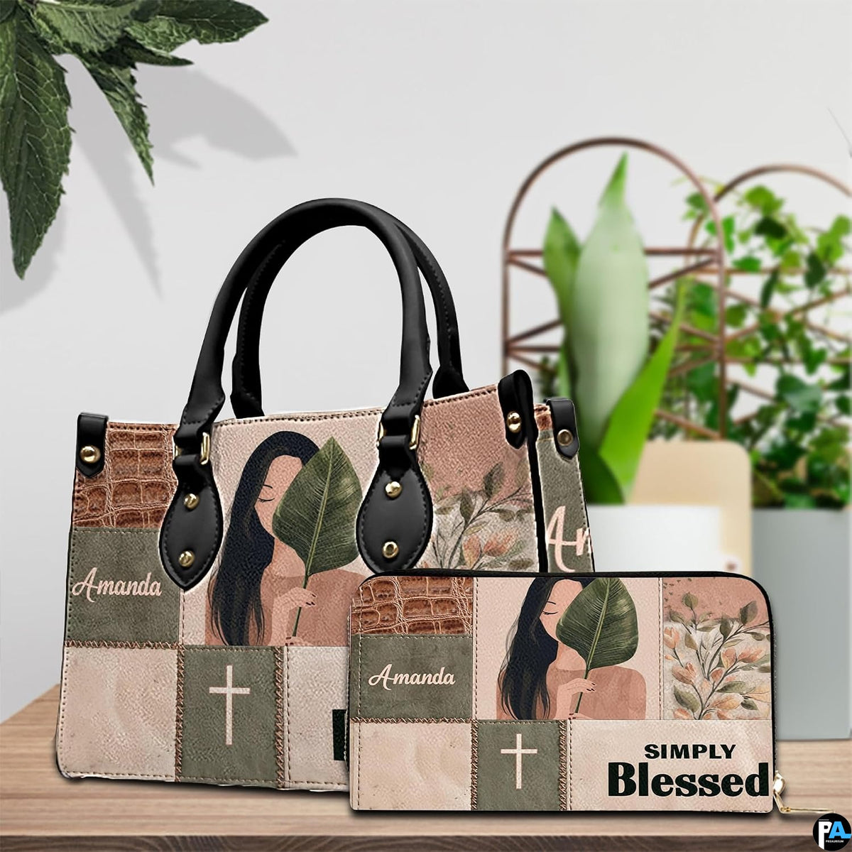 Detailed view of boho portrait handbag showing handle hardware and crisp collage panel boundaries.