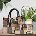 Detailed view of boho portrait handbag showing handle hardware and crisp collage panel boundaries.