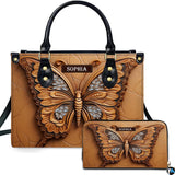 Embossed Tan Butterfly Handbag and Matching Wallet Set