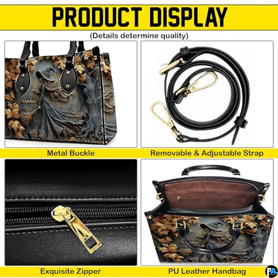 Personalized Halloween Leather Handbag – Custom Witch 3D Printing Effect Purses For Women – Spooky Gothic Shoulder Bag