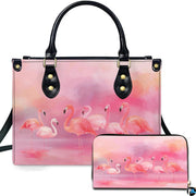 Pastel watercolor flamingo flock handbag and matching wallet set showing wading flamingos.