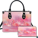 Pastel watercolor flamingo flock handbag and matching wallet set showing wading flamingos.