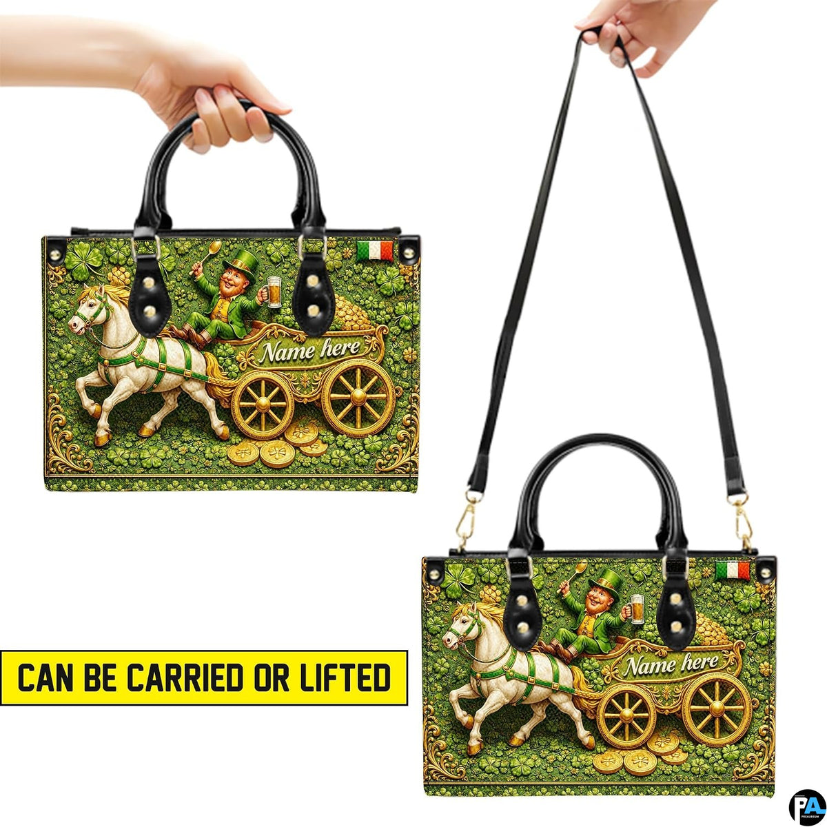 Two carry views of Irish leprechaun handbag