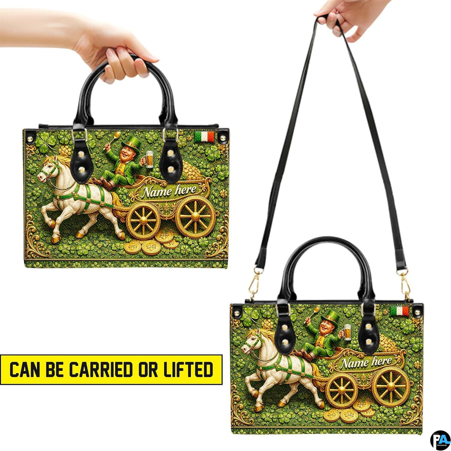 Two carry views of Irish leprechaun handbag