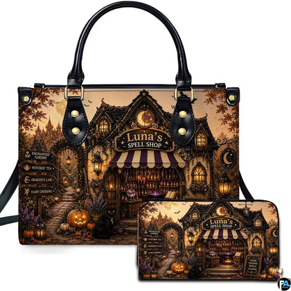 Apothecary art showing a nighttime cottage, glowing flasks, and carved gourds on an accessory arrangement.