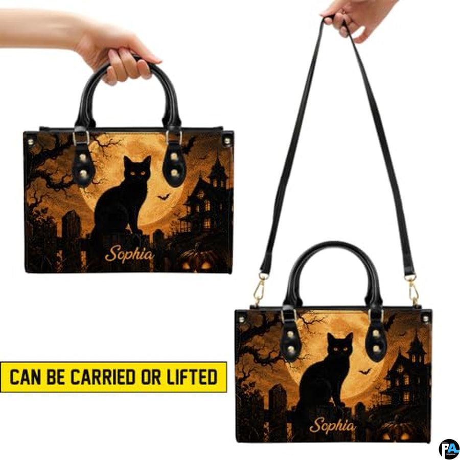 Black Cat Leather Bag – Vintage Cat Art Handbag, Stylish Animal-Themed Purse, Unique Gift for Cat Lovers