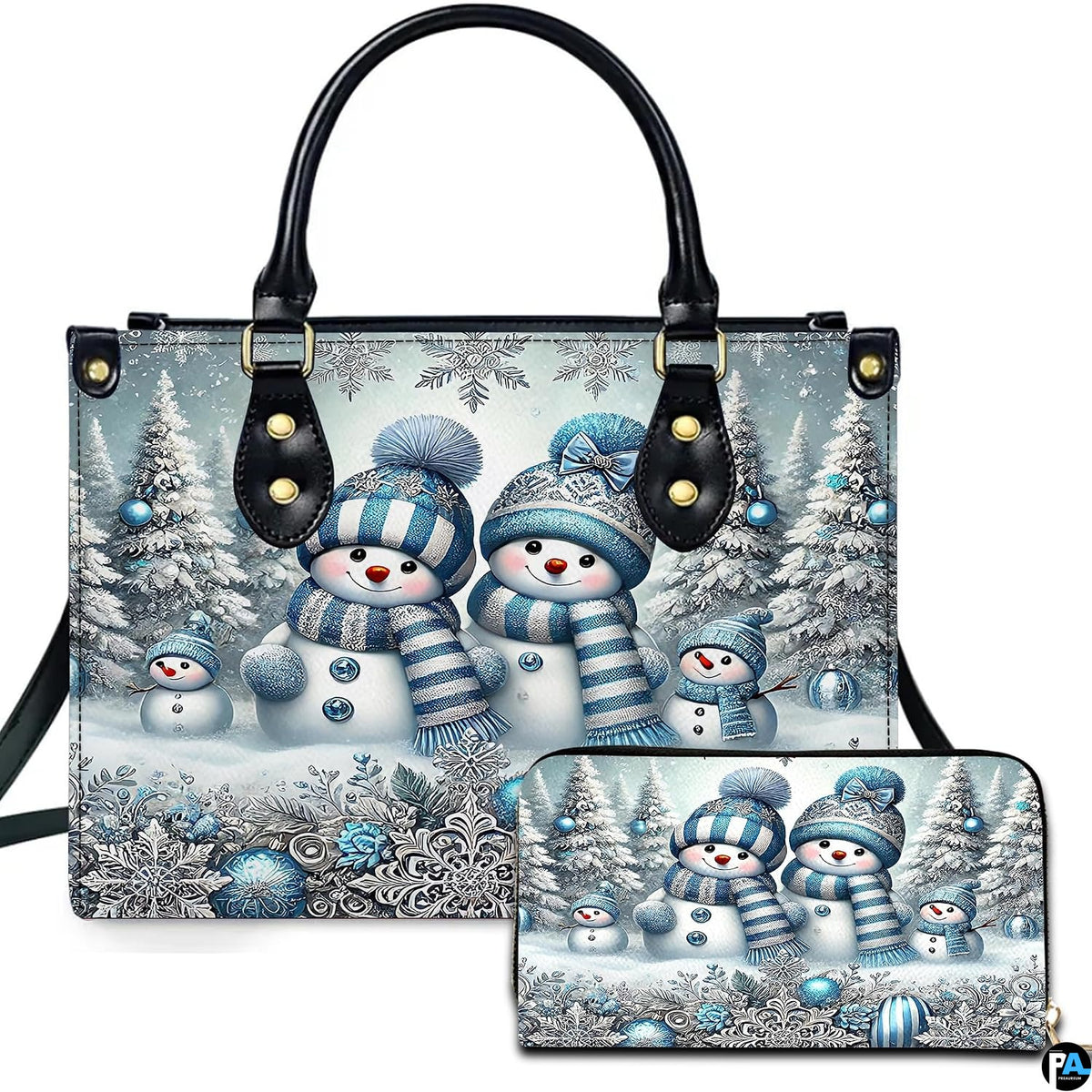 Front view of matching winter accessories featuring snowman family in blue knit beanies among snow-covered trees.