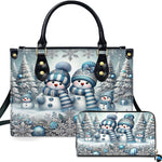 Front view of matching winter accessories featuring snowman family in blue knit beanies among snow-covered trees.