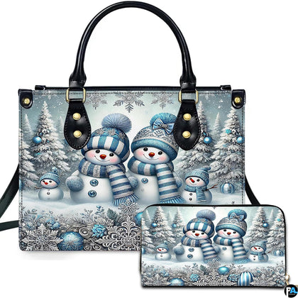 Front view of matching winter accessories featuring snowman family in blue knit beanies among snow-covered trees.