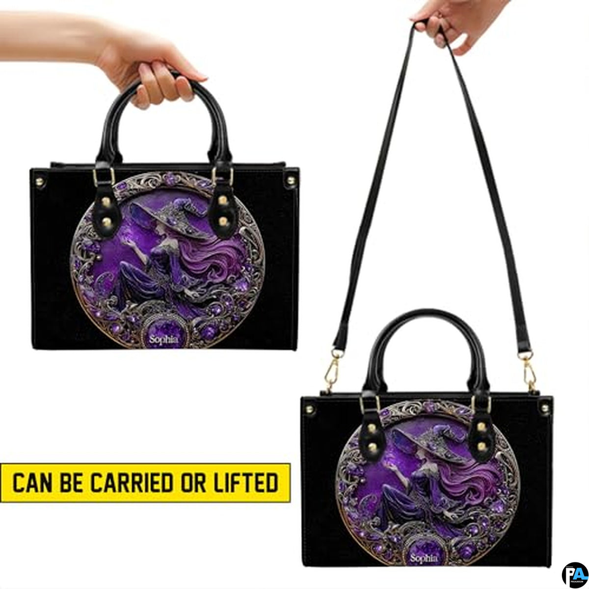 Personalized Halloween Leather Handbag – Custom Witch 3D Printing Effect Purses For Women – Spooky Gothic Shoulder Bag