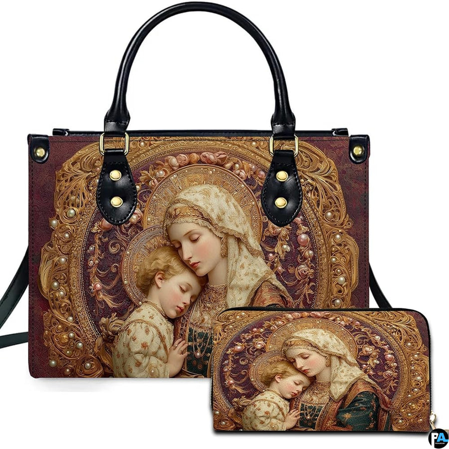 Custom Catholic Virgin Mary Leather Bag, Personalized Name Handbags and Purses for Christian Women Religious Bag Gifts