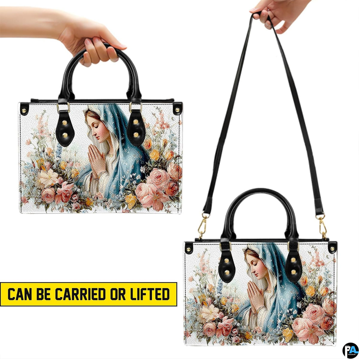 Product details graphic showing black top handles, detachable shoulder strap, and interior compartment.