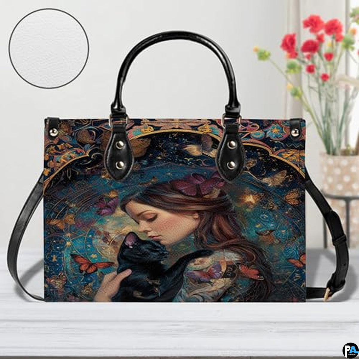 Black Cat Leather Bag – Vintage Cat Art Handbag, Stylish Animal-Themed Purse, Unique Gift for Cat Lovers