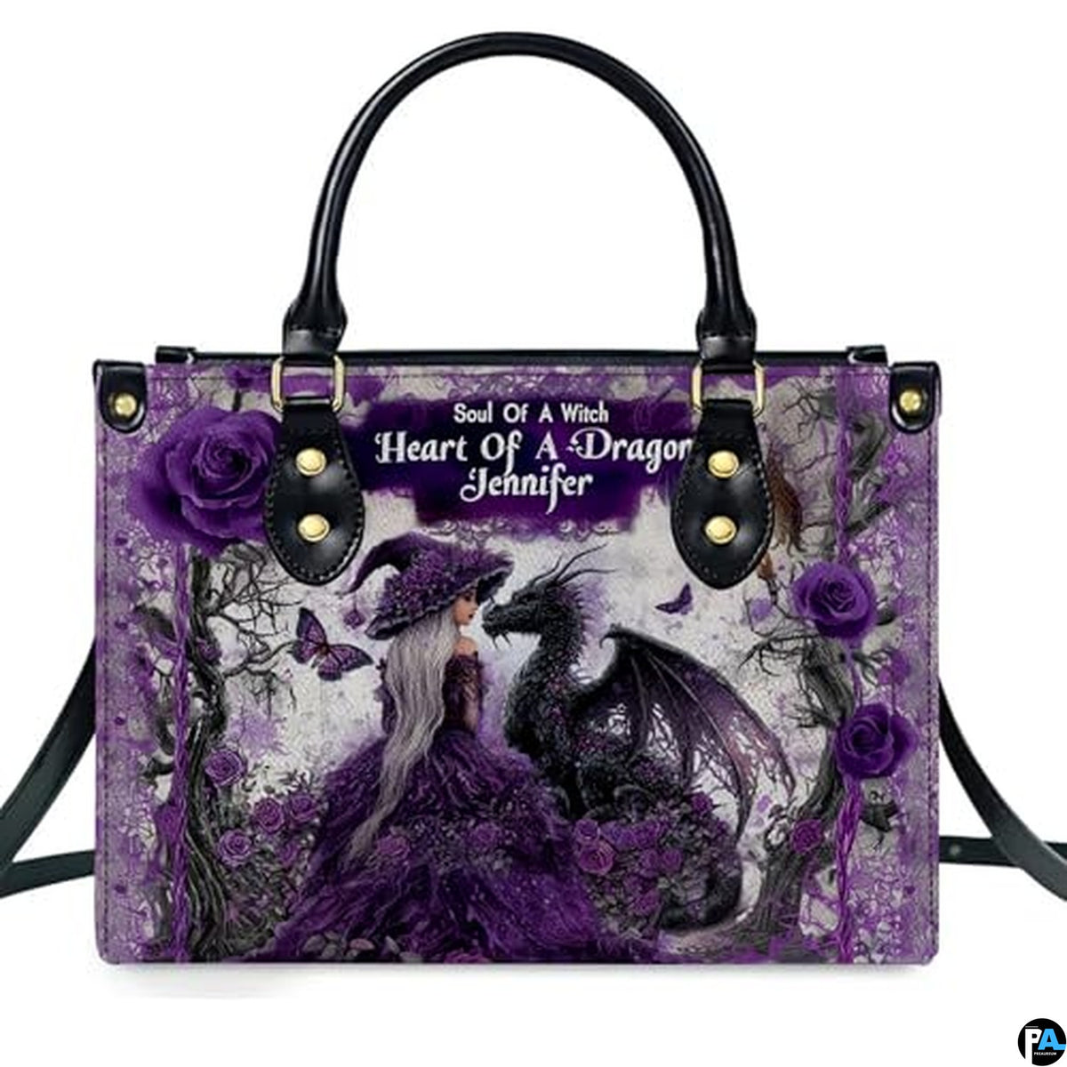Personalized Purple Witch and Dragon Art Handbag