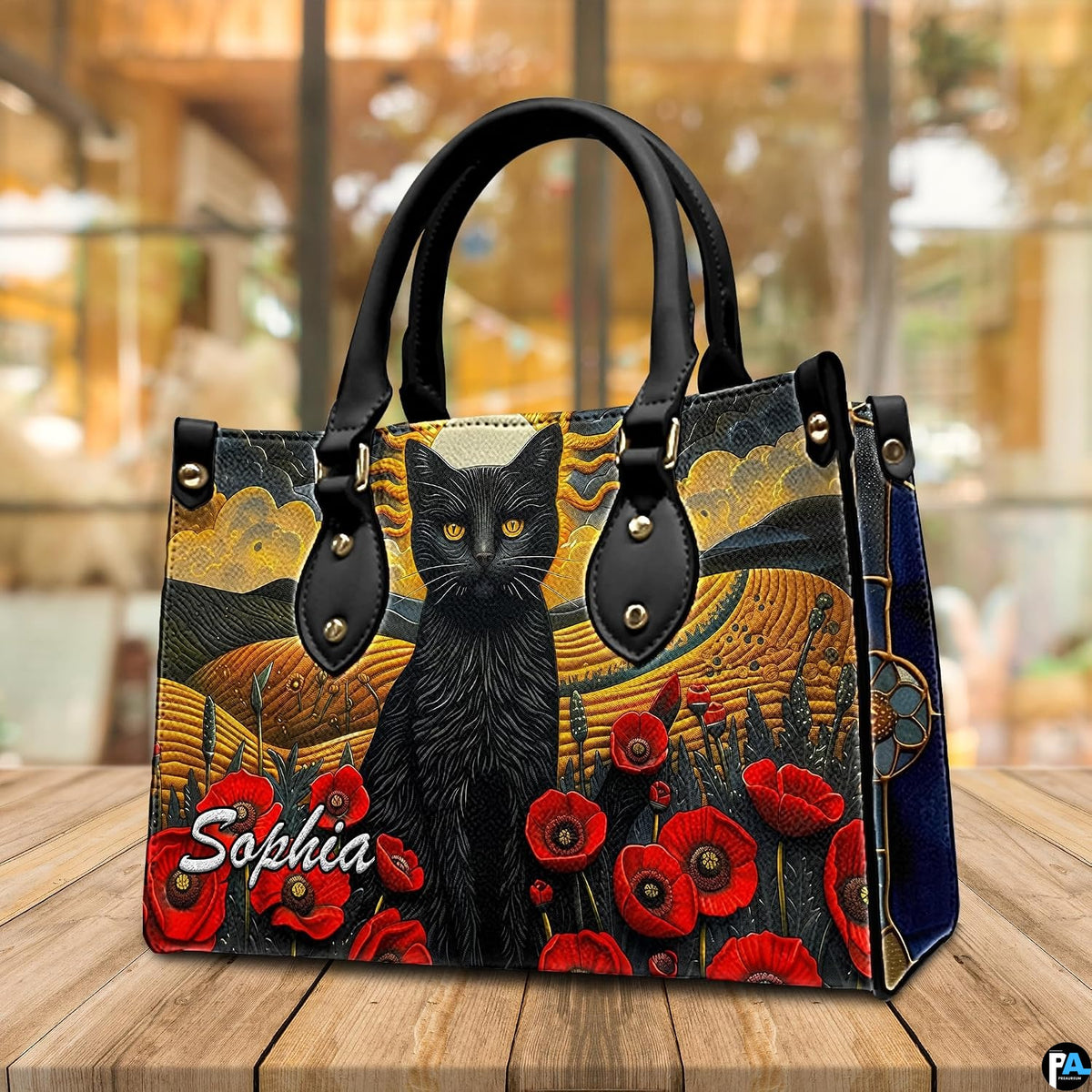Presentation showing holding and shoulder carrying options for cat landscape art graphics.