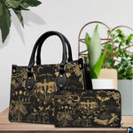 Golden dragon handbag carrying demonstration showing top handle and shoulder strap carry.