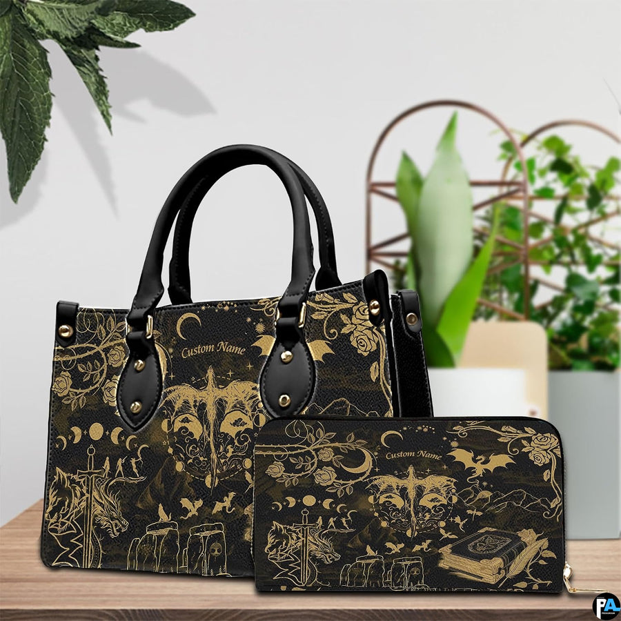 Golden dragon handbag carrying demonstration showing top handle and shoulder strap carry.