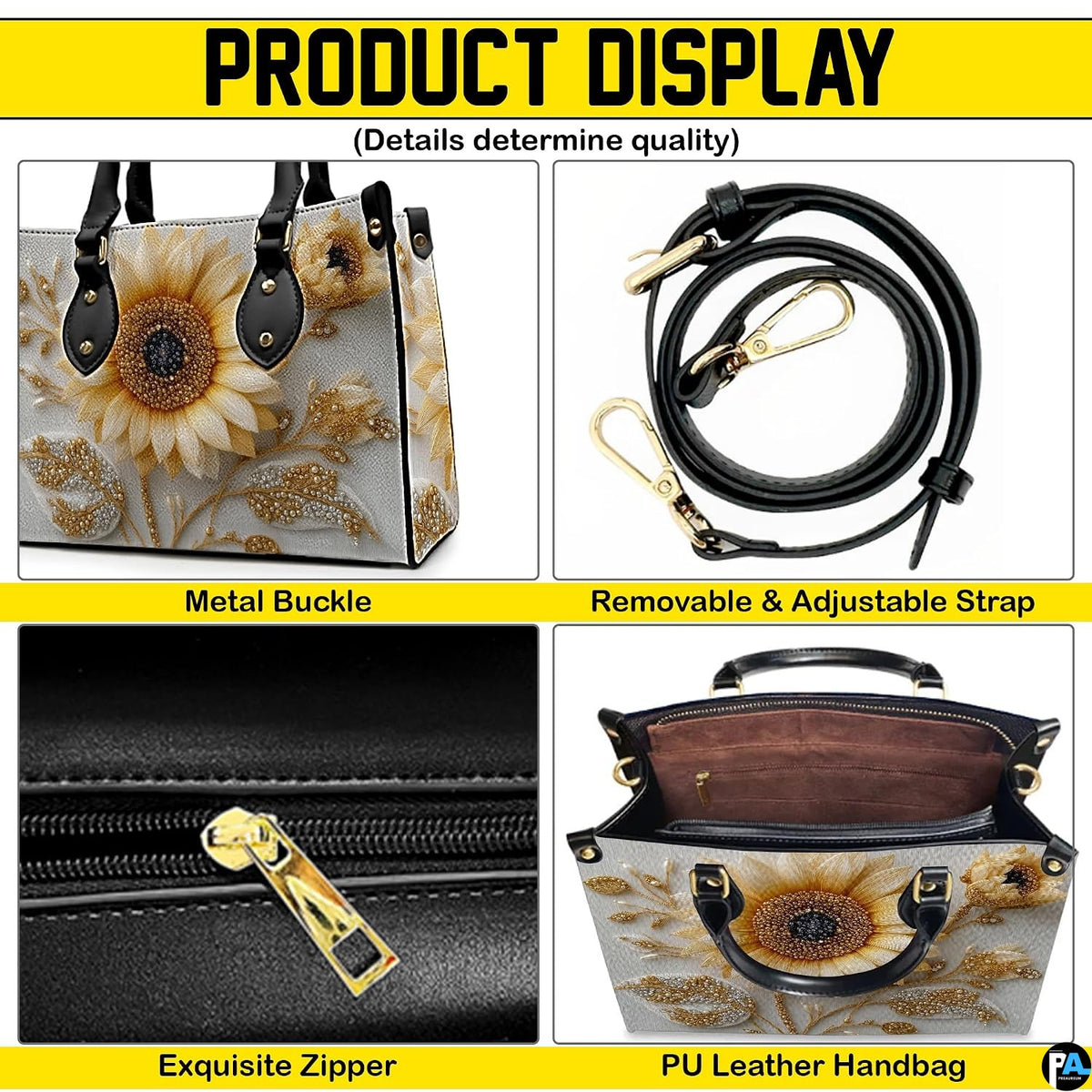 Detailed view of sunflower handbag interior showing zip pocket and structure.