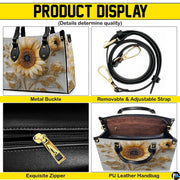 Detailed view of sunflower handbag interior showing zip pocket and structure.