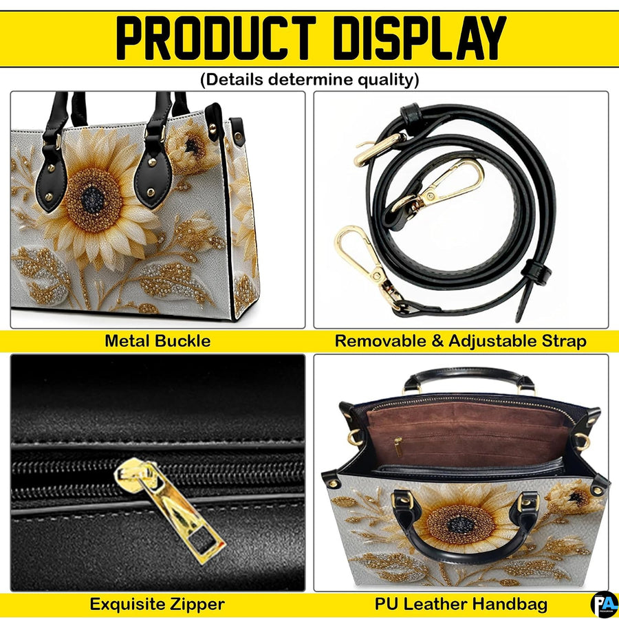 Detailed view of sunflower handbag interior showing zip pocket and structure.