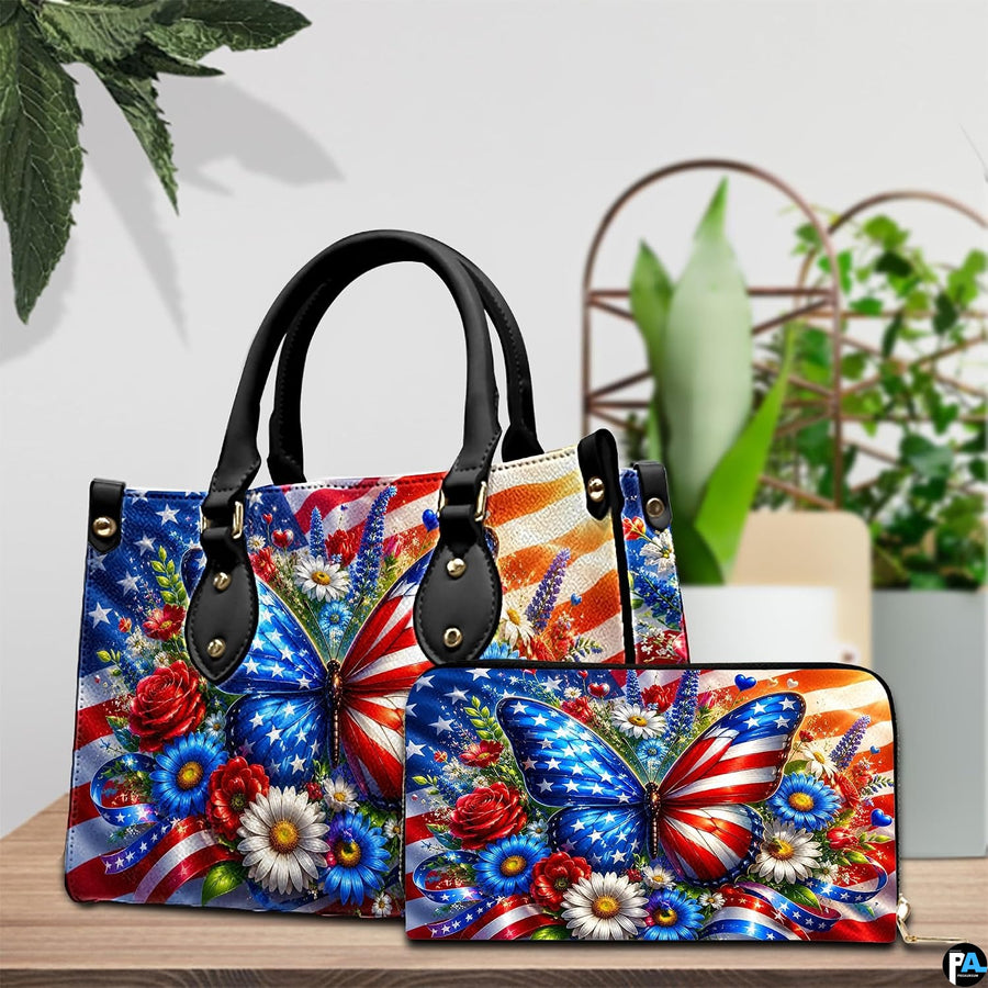 Front close-up view of handbag showing patriotic butterfly