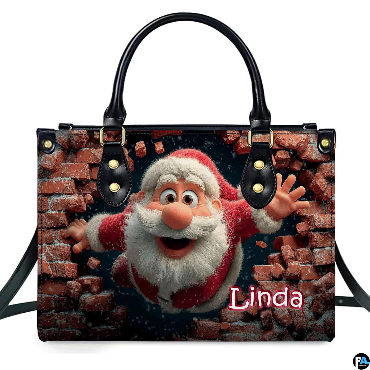 Front studio shot of cartoon Santa bursting through red brick wall on top-handle handbag.