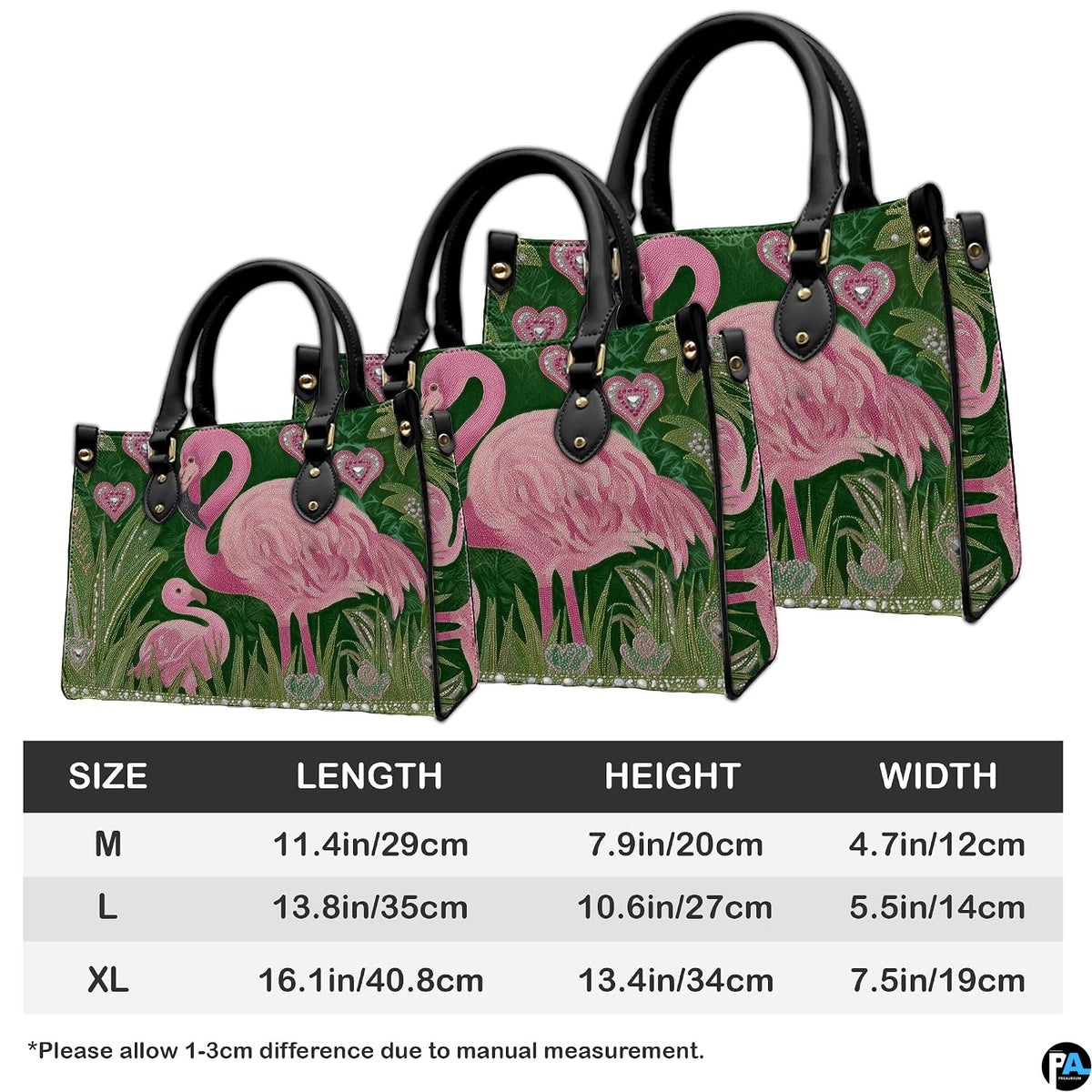 Coordinated arrangement of handbag and wallet showcasing the tropical flamingo artwork.