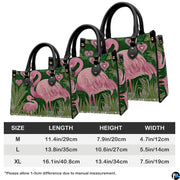 Coordinated arrangement of handbag and wallet showcasing the tropical flamingo artwork.