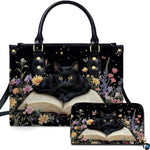 Studio presentation showing bookish black cat artwork alongside matching companion accessory on plain white surface.