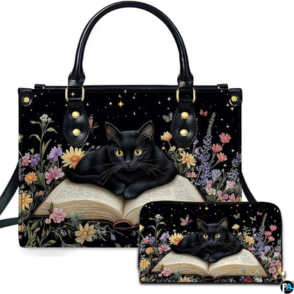 Studio presentation showing bookish black cat artwork alongside matching companion accessory on plain white surface.
