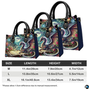 Measurement guide illustration presenting dimensional proportions for three handbag choices.