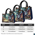 Measurement guide illustration presenting dimensional proportions for three handbag choices.