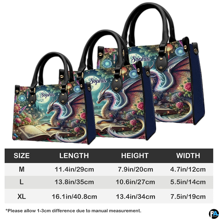 Measurement guide illustration presenting dimensional proportions for three handbag choices.
