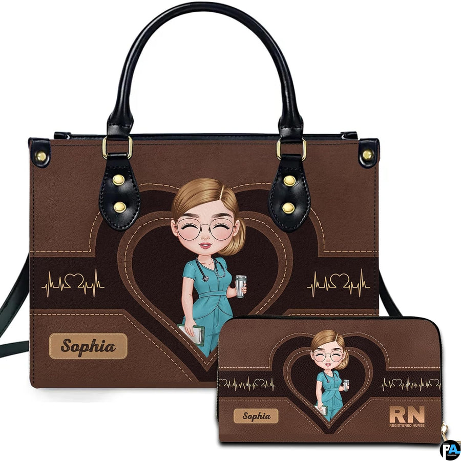 Front view of nurse handbag featuring illustrated medical professional in teal scrubs inside layered hearts